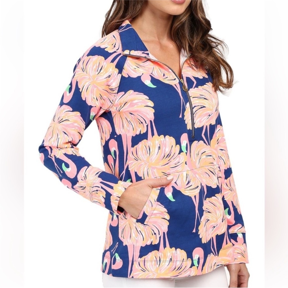 Lilly Pulitzer XS Skipper Popover Gimme Some Leg Flamingo 1/2 zip pullover